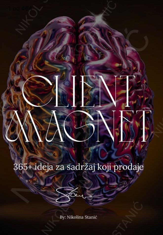 Naslovnica materijala Client Magnet: 365+ ideja za sadržaj koji prodaje, autorica Nikolina Stanić